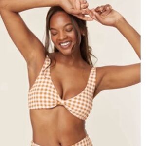 Andie Gingham Knot Front Bikini Top in White and Tan
